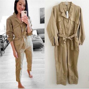 ALEX MILL Expedition Jumpsuit XL Tan Cropped Tencel Khaki Neutral Safari NEW
